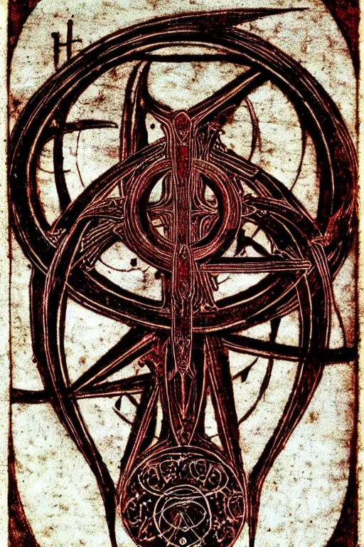 Image similar to masterpiece, symmetrical occult summoning sigil calligraphy, old stained paper texture, elegant crimson and black ink linework, by leonardo da vinci, h. r. giger, biomechanical, alchemy, monogram