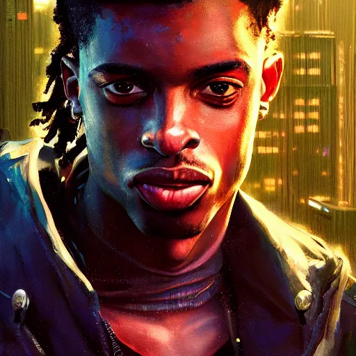 Image similar to cyberpunk, closeup portrait of a playboi carti, dramatic light, city background, sunset, dystopian setting, high contrast, sharp, neuromancer, henry dorsett case, painted by stanley lau, painted by greg rutkowski, painted by stanley artgerm, digital art, trending on artstation