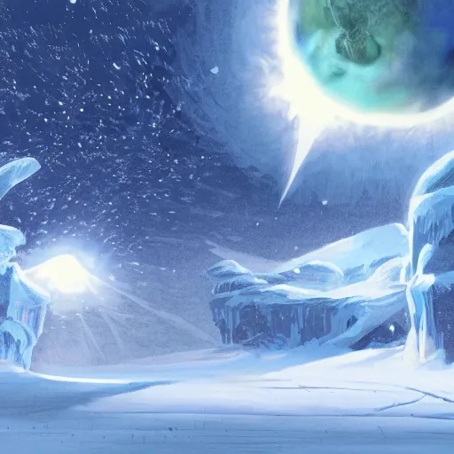 Image similar to concept art of a snow covered planet, snowstorm, ice, ice spikes, planet, space, concept art