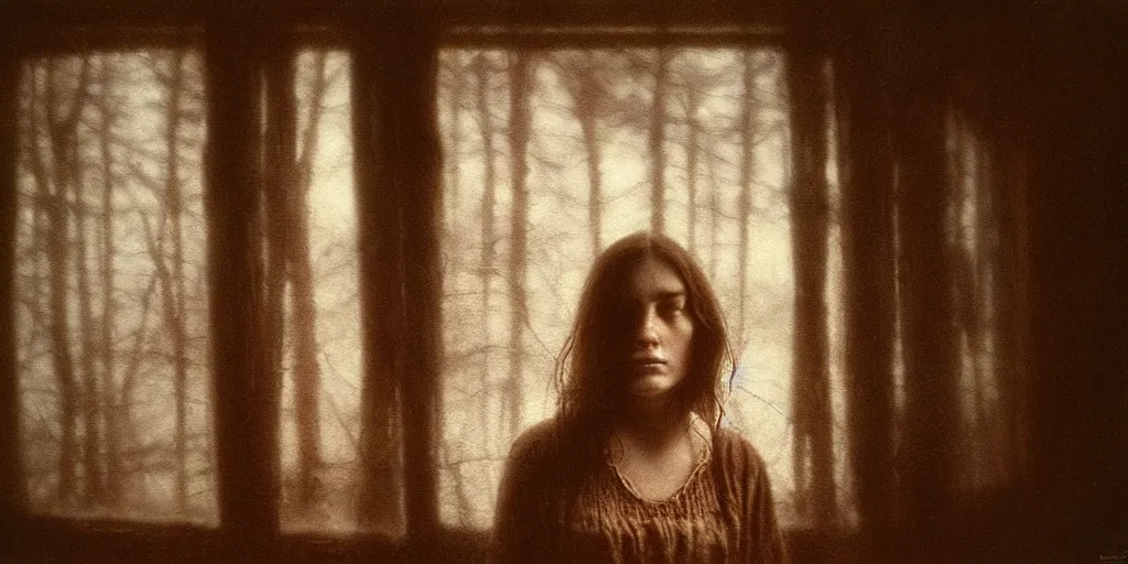 Image similar to portrait bust of young woman, solemn expression, faded color film, russian cinema, tarkovsky, kodachrome, old cabin, next to window, heavy forest outside, long brown hair, old clothing, heavy fog, hudson river school, 4 k, dramatic lighting, greg rutkowski