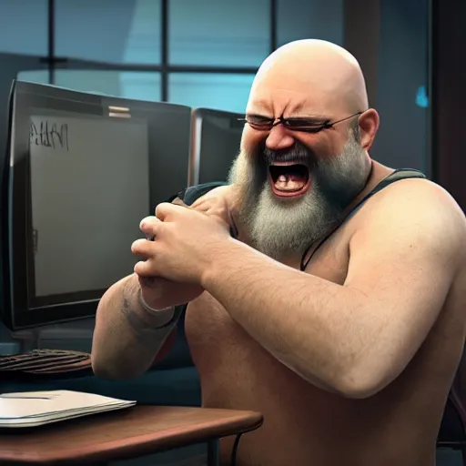 Image similar to a bald bearded man crying over a computer, angry crying, yelling, blizzard concept artists, ubisoft concept artists