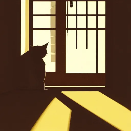 Prompt: close up of a cat stretching, in a house hallway, silhouette, warm colors, beautiful composition, by Atey Ghailan, by Craig Mullins and Dan Mumford, digital art, digital painting, trending on artstation,