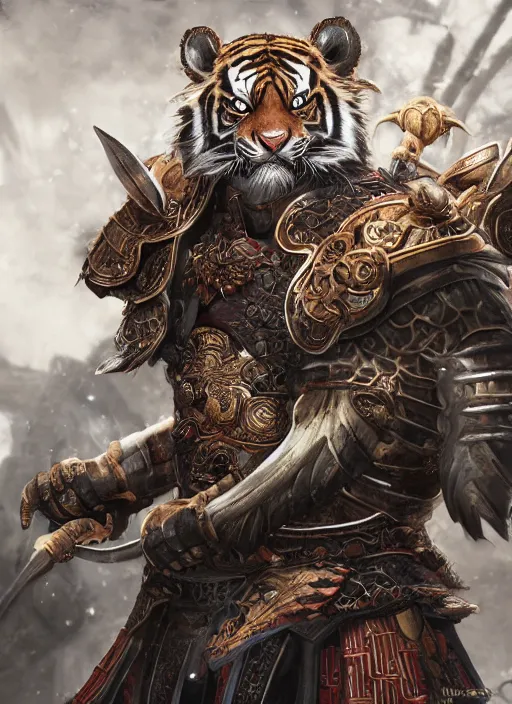 Prompt: realistic detailed semirealism tiger man wearing samurai armor. Tiger_character, tiger_beast, 獣, FFXIV, iconic character splash art, Detailed fur, detailed metal textures, 4K high resolution quality artstyle professional artists WLOP, Aztodio, Taejune Kim, Guweiz, Pixiv, Instagram, Artstation