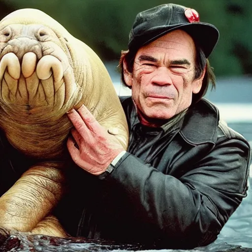 Image similar to tommy lee jones riding a walrus