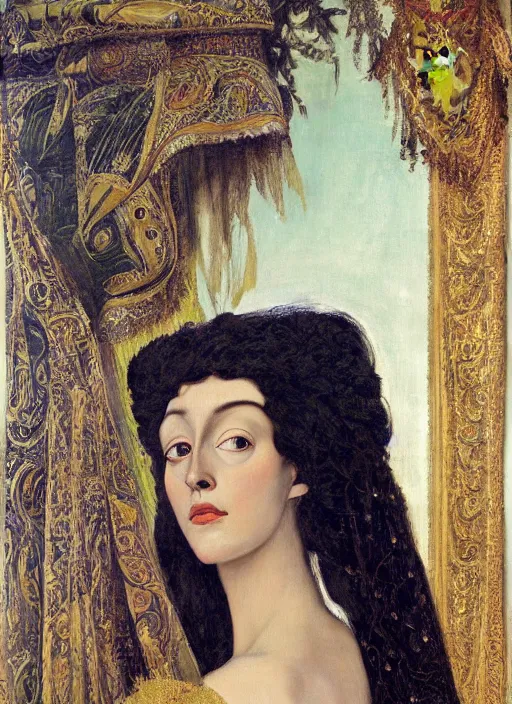 Image similar to oil painting of Queen Vulvine, Hungarian, curly dark hair, fair skin, veil by Georgia o Keeffe, by Marcel Jankowicz, by Botticelli, by Gustave Moreau, concept art, master