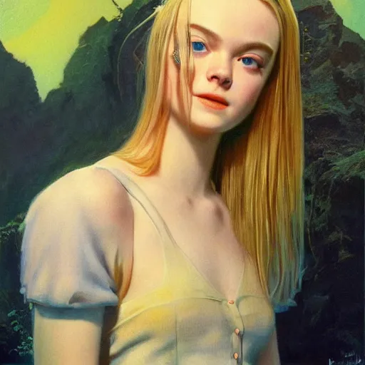 Image similar to ultra realistic portrait painting of elle fanning in the world of bruce pennington, art by frank frazetta, 4 k, ultra realistic, highly detailed, epic lighting