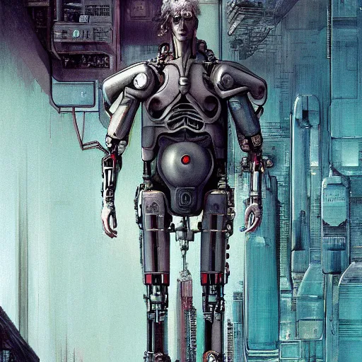 Prompt: Digital portrait of a cyborg from Ghost in the shell by Enki bilal and Salvador Dali, cyberpunk, impressive perspective, aesthetic, masterpiece