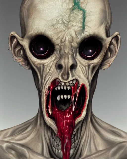 Image similar to Haunting horrifying hyperrealistic detailed painting of a tall slim surreal extraterrestrial creature made of bone texture, gelatinous goo oozing from mouth, heavy metal, and bloodshot eyeballs, hyper detailed, trending on Artstation