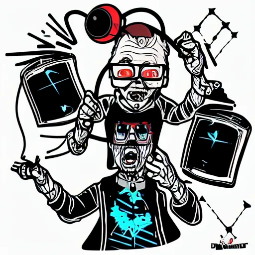 Image similar to svg vector sticker of absolutely insane-mad-scientist-villain, rocking out, wearing headphones, huge speakers, dancing, rave, DJ, spinning records, digital art, amazing composition, rule-of-thirds, award-winning, trending on artstation, featured on deviantart