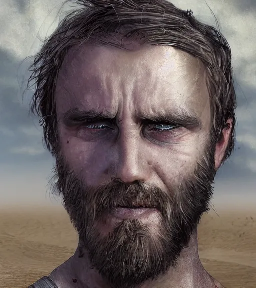 Image similar to portrait of muscular, tired and alcoholic 3 0 - year - old grieving man with short darkblonde hair, serious sad look in his eyes, looking down, dirty beard, blue eyes, crying tears, wearing dirty soldier uniform, on the desert, sad atmosphere, hyper realistic face, character art, art by mark brooks, cryengine, trending on artstation, digital art