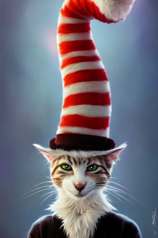 Prompt: complex 3 d render, hyper detailed, ultra sharp, of the cat in the hat, scary, cinematic, natural soft light, rim light, art by greg rutkowski and artgerm and moebius, dr seuss