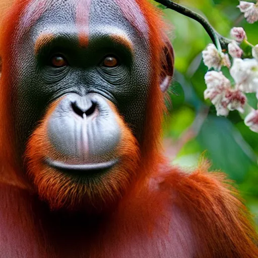 Prompt: movie still of an orangutan with the flowers head, cinematic composition, cinematic light, by edgar wright and david lynch, surrealist art