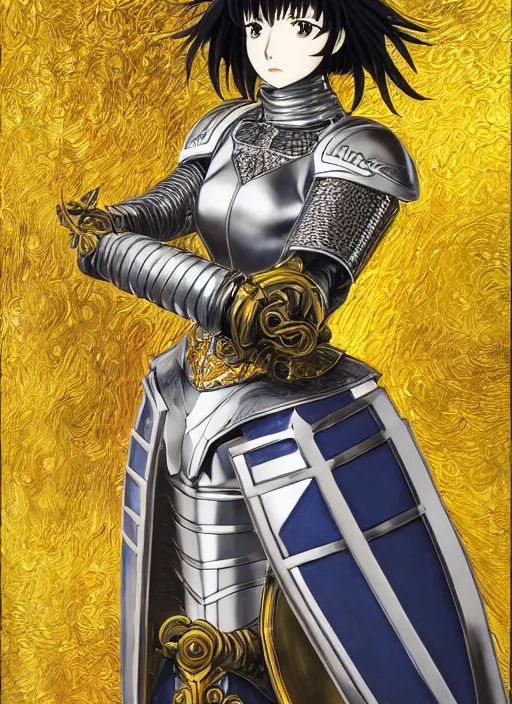Image similar to key anime visual portrait of a woman knight in ceremonial armor, dynamic pose, cinematic, film grain, face by murata range, armor designed by gutsav klimt