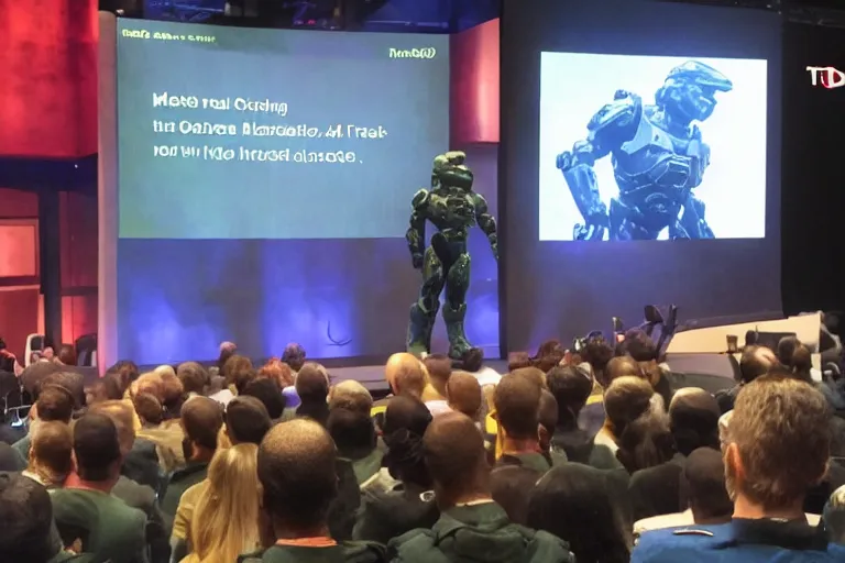 Image similar to master chief doing a ted talk