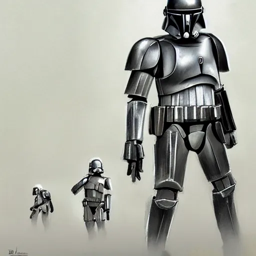 Image similar to an extremely long shot of an imperial stormtrooper walking concept art by Doug Chiang cinematic, realistic painting, high definition, very detailed, extremely high detail, photo realistic, symmetrical, concept art, the Mandalorian concept art style