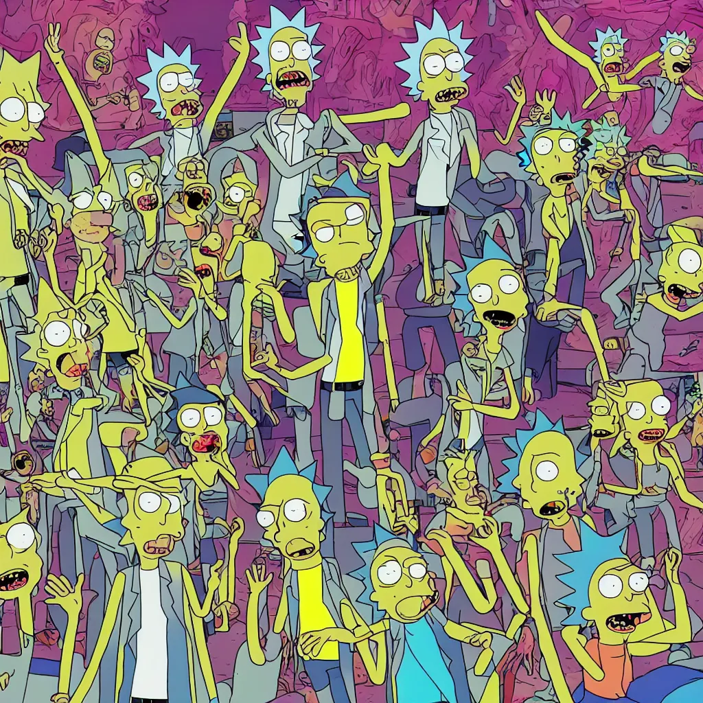 Prompt: rick and morty dancing at a rave party with bart and homer simpson, ultrarealistic, weird comic art, 16K 3D, crying engine