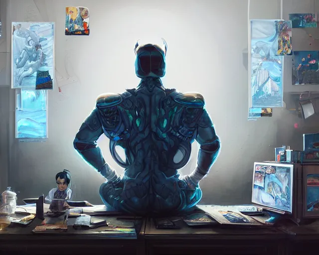 Image similar to an insanely detailed painting of an asian man wearing a homemade superhero costume, sitting at a desk, staring at the nervously at the computer and typing, in the style of peter mohrbacher, dramatic lighting and composition, surreal background, octane render, pixar, trending on artstation, concept art, comic book, view from behind