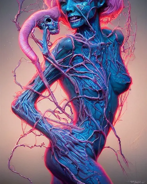 Prompt: A zombie with bioluminescent varicose veins and blood vessels, by artgerm and moebius and Peter mohrbacher, artstation, vivid pink and blue colors, stunning fantasy horror, smooth, intricate, ornate, digital painting, artstation, concept art, morbid fantasy, sharp focus, illustration, trending on artstation