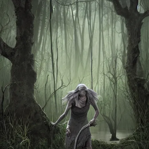 Image similar to fantasy portrait of an emaciated yet energetic old woman with silky, cloudy grey hair, black scars on her face, swamp vegetation in the background, nocturnal palette, art by greg rutowski, raphael lacoste, eddie mendoza