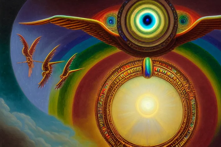 Image similar to painting of rainbow ophanim surrounded by large diagonally rotating rings, ophanim has bird wings, giant eyeball in the middle of the ophanim, by roberto ferri, amazing details, mythological, biblical, beautiful composition