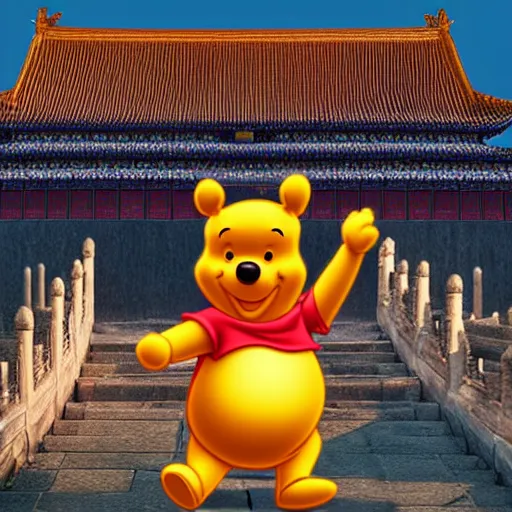 Image similar to winnie the pooh explores the forbidden city in china, award winning photgraphy, extremely detailed artstation 8 k sensual lighting epic composition