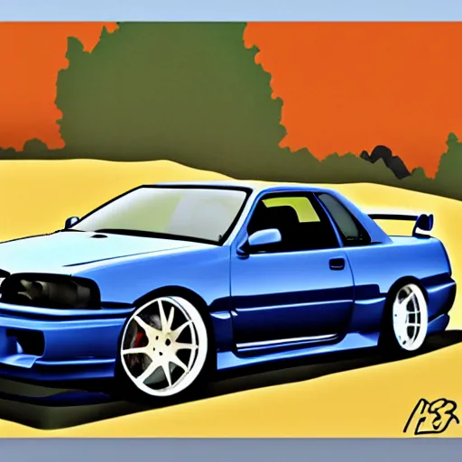 Image similar to artistic illustration of a bayside blue nissan skyline r 3 4 z tune