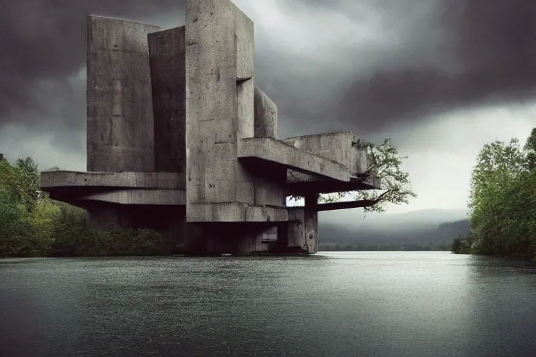 Prompt: an brutalist spaceship forming from a lake surrounded by trees, serene vast landscape, tentacles rising from the water, rainy day, beautiful lighting, high depth, ultra realistic, artistic, by annie leibovitz