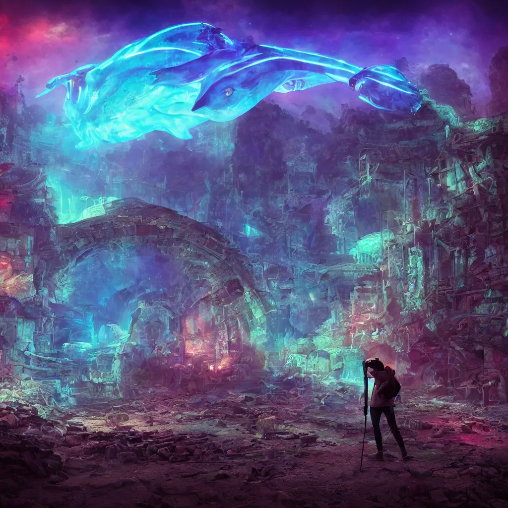 Image similar to explorer wandering through the ruins of an ancient city while neon lights show the outline of a leviathan in the skies above