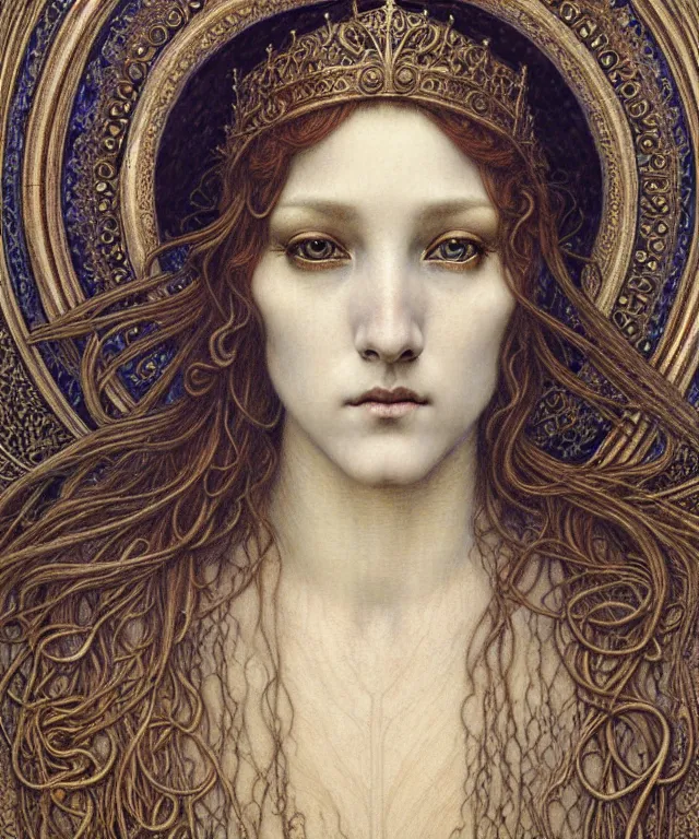 Image similar to detailed realistic beautiful young medieval queen face portrait by jean delville, gustave dore and marco mazzoni, art nouveau, symbolist, visionary, gothic, pre - raphaelite. horizontal symmetry