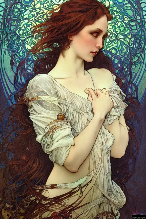 Prompt: realistic detailed portrait of Taii Gordon by Alphonse Mucha, Ayami Kojima, Amano, Charlie Bowater, Karol Bak, Greg Hildebrandt, Jean Delville, and Mark Brooks, Art Nouveau, Neo-Gothic, gothic, freckles, Taii Gordon, rich deep moody colors