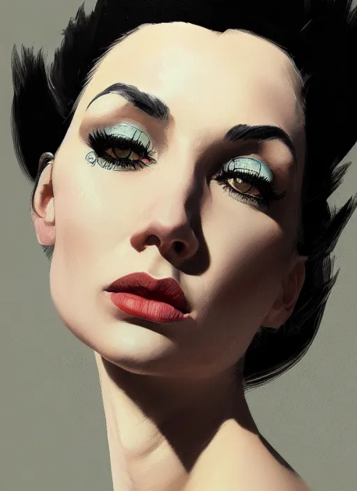 Prompt: portrait of a woman with a crooked nose and a confident expression, 1 9 6 0 s, black clothes, punk, funk, intricate, elegant, highly detailed, digital painting, artstation, concept art, smooth, sharp focus, illustration, art by wlop, mars ravelo and greg rutkowski