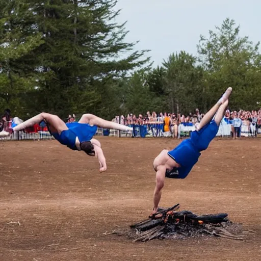 Prompt: male college gymnasts performing stunts at a campfire