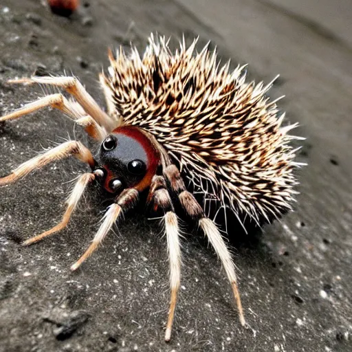 Image similar to spiders, a hedgehog with spiders on its back instead of spikes, spiders, scary, freaky