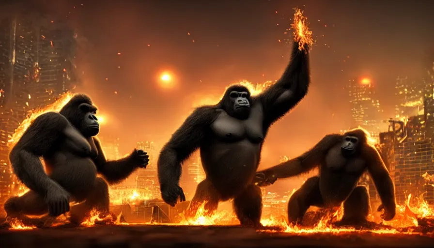 Prompt: concept art of hard combat of two huge gorilla in burning tokyo city, cinematic composition, golden lighting, action scene, strong perspective