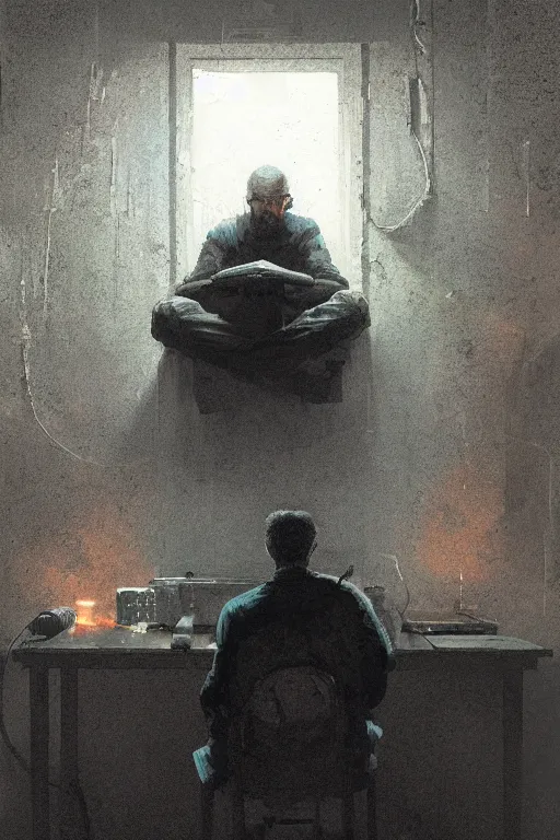 Prompt: lonely man sitting in soviet appartment behind an old computer, lit by the light of gods, abandoned by gods, hyperdetailed artstation cgsociety by greg rutkowski and by Gustave Dore