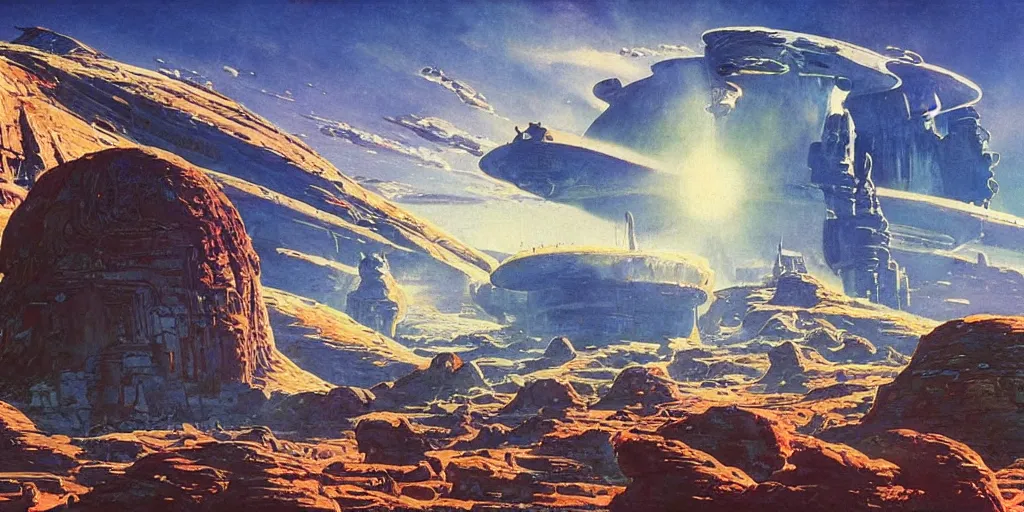 Prompt: incredible space rock landscape on an alien planet, giant citadel, lush, by Robert McCall