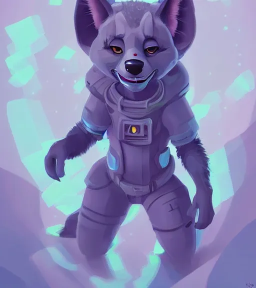 Prompt: full body digital artwork of furry female hyena, in style of zootopia, fursona, furry, furaffinity, deviantart, wearing astronaut outfit, floating in space, cyberpunk, detailed face, style of artgerm,