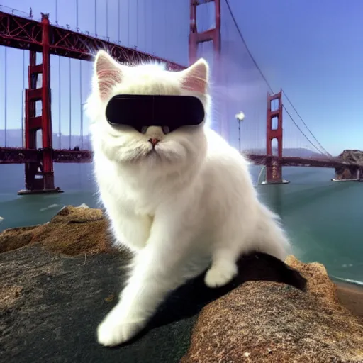 Prompt: A photo of a white persian cat wearing goggles and helmet base jumping from the Golden Gate Bridge, low angle, GoPro, 1/800 shutter, f8.0, fur blowing in wind