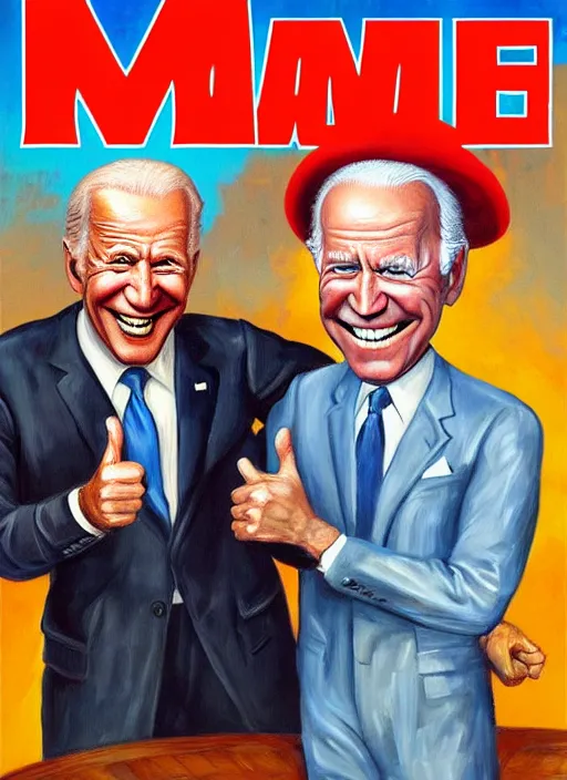 Prompt: mad magazine cover, norman mingo painting, joe biden smiling, thumbs up, exaggerated proportions, caricature, realistic! ( painterly ), visible brush strokes, vintage, hd, crisp