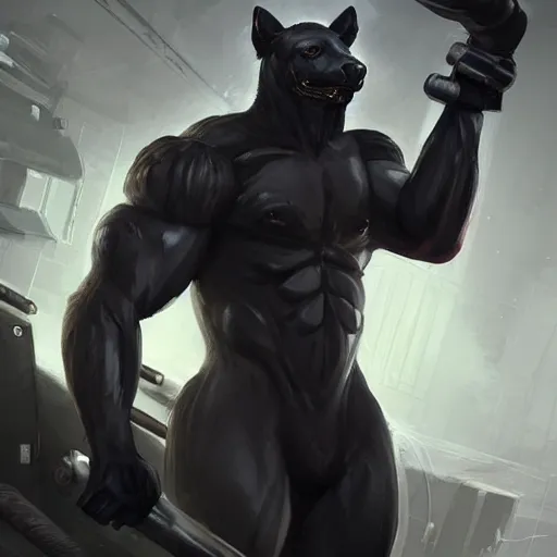 Image similar to splash art of a black - coated anthropomorphic horse supersoldier with an exaggeratedly buff physique in a research facility wearing a combat kevlar outfit, highly detailed, furry, furaffinity, digital painting, artstation, illustration, art by artgerm, greg rutkowski, wlop