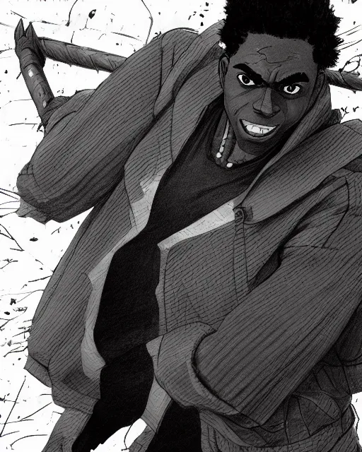 Image similar to a very detailed pencil drawing of kodak black in demon slayer manga panel, action lines, greg rutkowski, in field high resolution, dynamic pose, landscape, medium portrait, action, hyper realistic, manga, koyoharu gotouge, sakuga