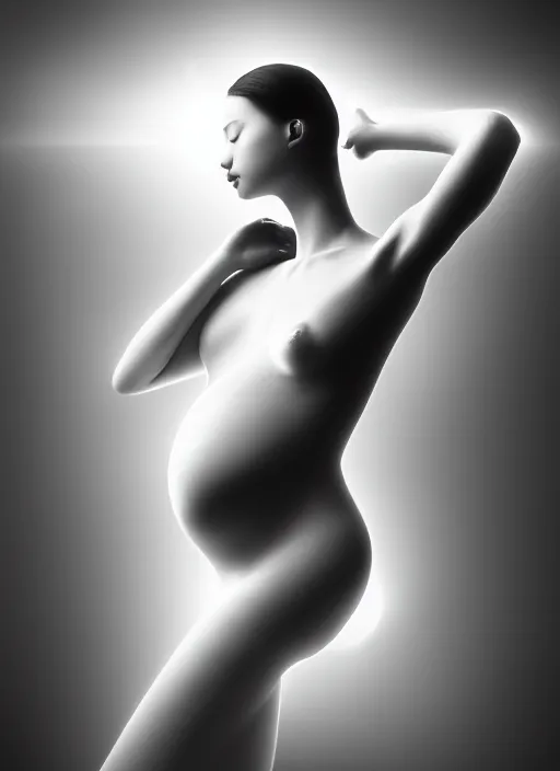 Image similar to surreal mythical dreamy dark artistic black and white fine art fashion portrait photo of a young beautiful delicate female ai giving birth to the new world, spiritual, halo, glory, rim light, cinematic, studio dramatic light, poetic, masterpiece, octane render, 8 k, photo - realistic by dora maar man ray