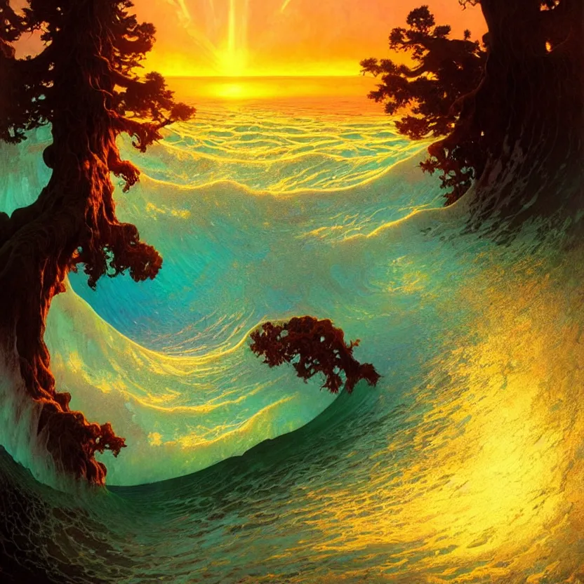 Image similar to ocean wave around ancient sequoia tree, lsd water, dmt ripples, backlit, sunset, refracted lighting, art by collier, albert aublet, krenz cushart, artem demura, alphonse mucha