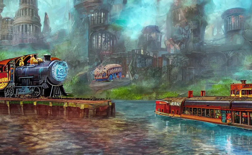 Image similar to A steam locomotive rides inside of a waterway on a fantasy city. Fantasy and concept art, colorful digital painting, unreal engine.