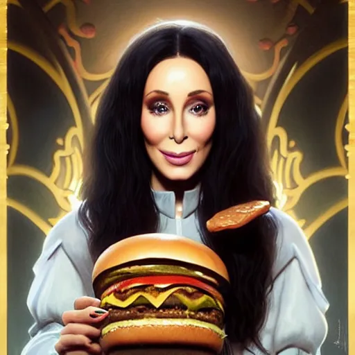 Image similar to Cher eating a mcdonald's big mac hamburger, dripping BBQ Sauce, serving burgers, intricate, elegant, feminine ethereal, hearthstone, D&D, magical mystical, highly detailed, digital painting, artstation, concept art, matte, sharp focus, hyperreal, art by Artgerm and Greg Rutkowski and Alphonse Mucha