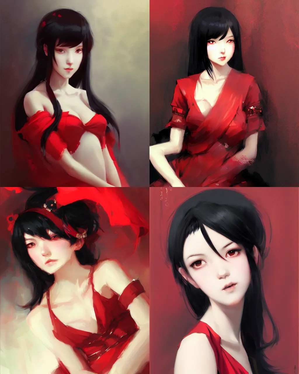 Prompt: girl with black hair and red dress, oriental face, half - length photo, soft lighting, by wenjun lin an krenz cushart, wide angle