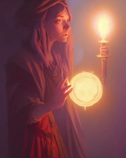 Prompt: highly detailed vfx portrait of a witch casting light magic, unreal engine, greg rutkowski, loish, rhads, beeple, makoto shinkai and lois van baarle, ilya kuvshinov, rossdraws, tom bagshaw, alphonse mucha, global illumination, detailed and intricate environment