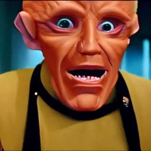 Prompt: cinematic dramatic portrait of a ferengi from star trek. It has orange skin color and Donald trump's hair style.