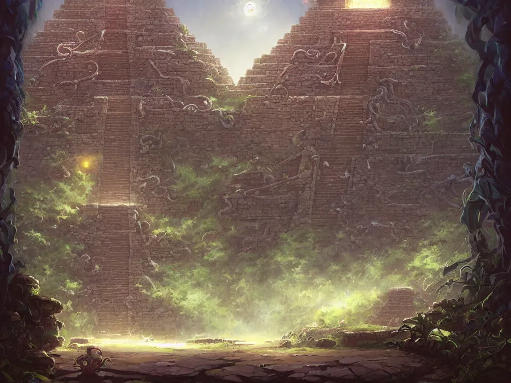 Prompt: A mysterious ancient Mayan temple with tentacles coming out of the massive entrance art by Jordan Grimmer, trending on artstation