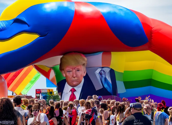 Image similar to pride parade float in the shape of donald trump's head, photorealistic, canon 5 d, sharp, sunlight, reflection, inflatable, rainbow